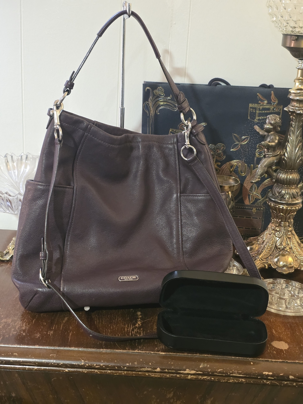 Coach Pebbled Leather Hobo Bag in Plum With Black Leather Coach Sunglasses Case